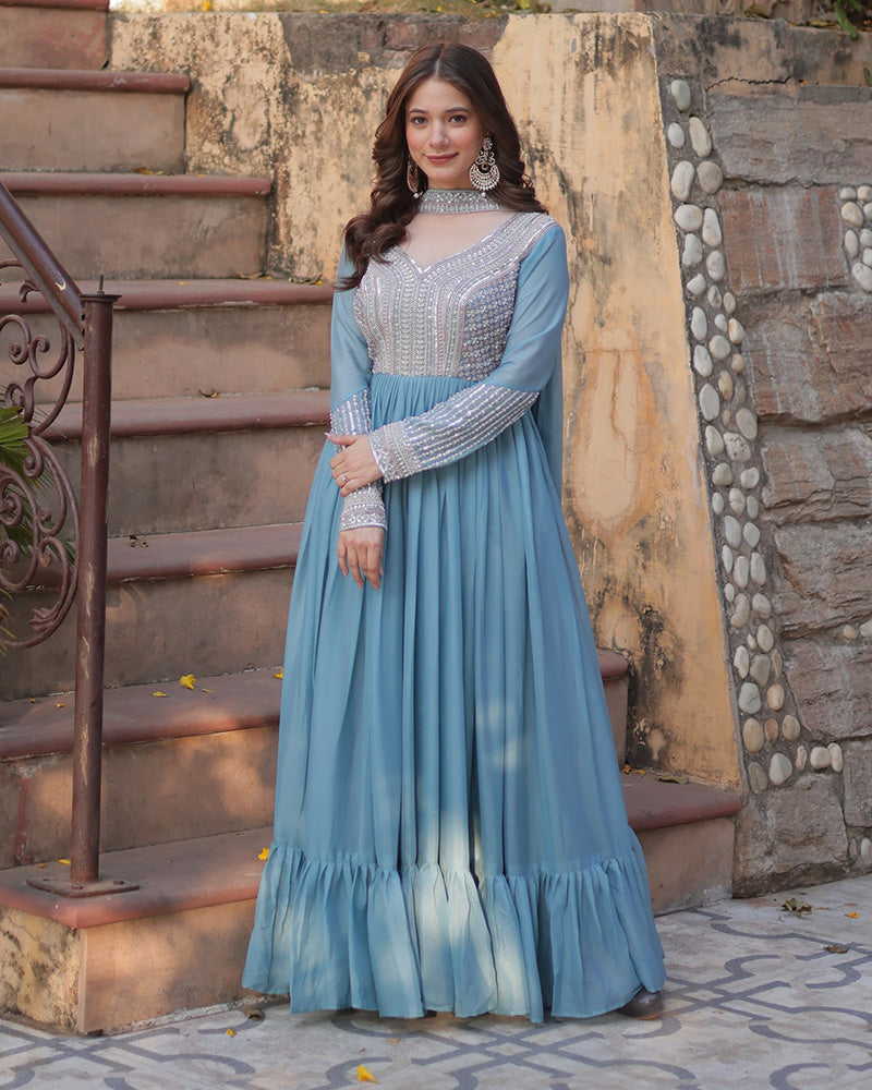 Bhavya Sky Blue Star Georgette Embroidered Gown Set