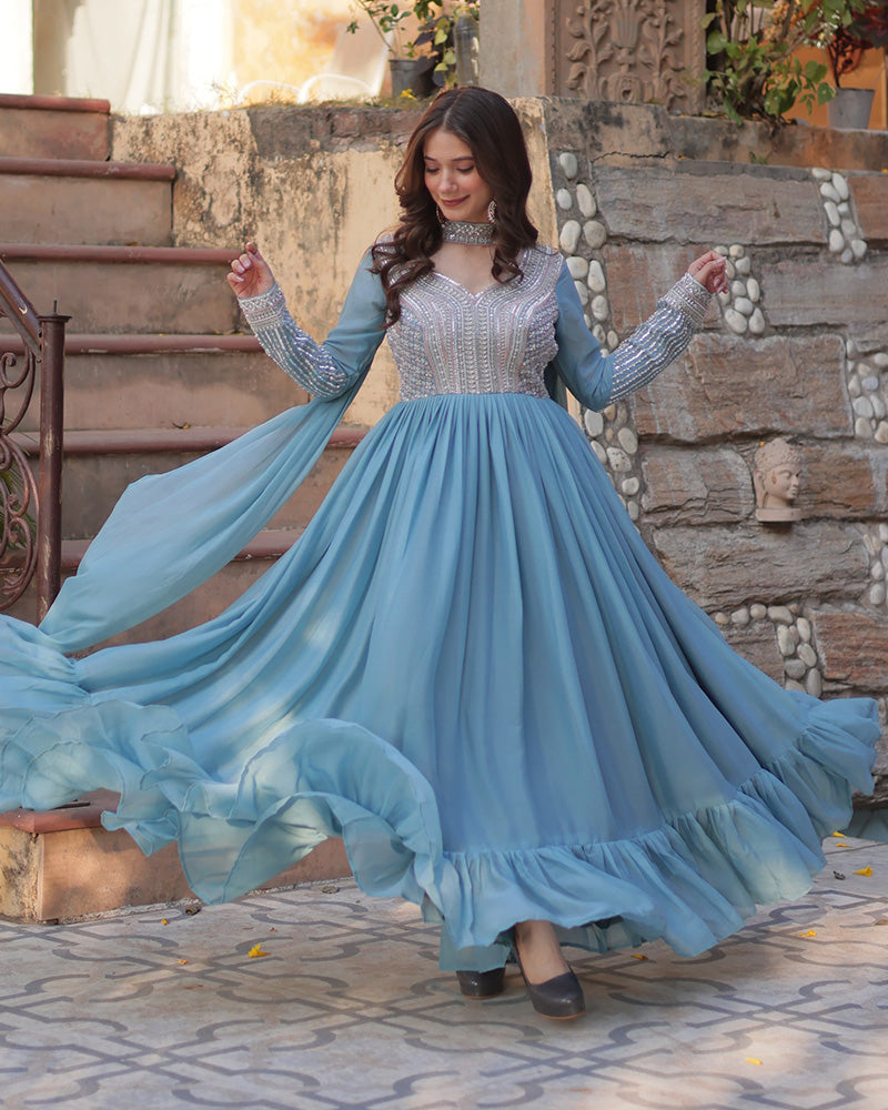 Bhavya Sky Blue Star Georgette Embroidered Gown Set