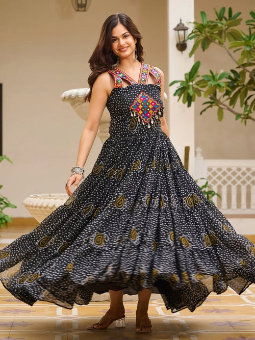 Black georgette Bandhani print mirror Gamthi work gown