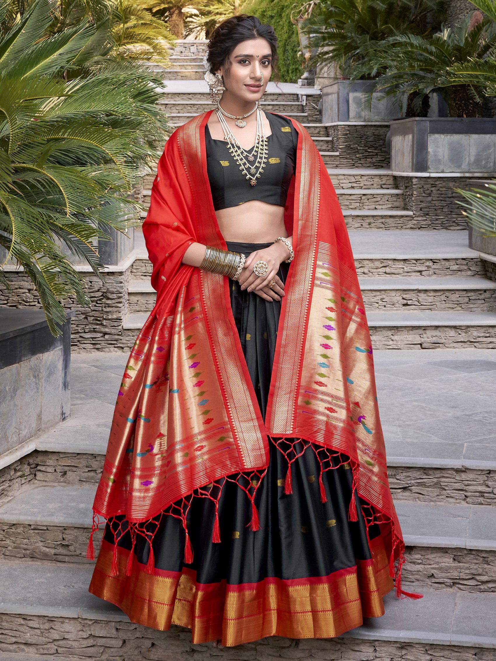 Sayli Black Paithani Jacquard Silk Lehenga Choli with Zari Weaving Work