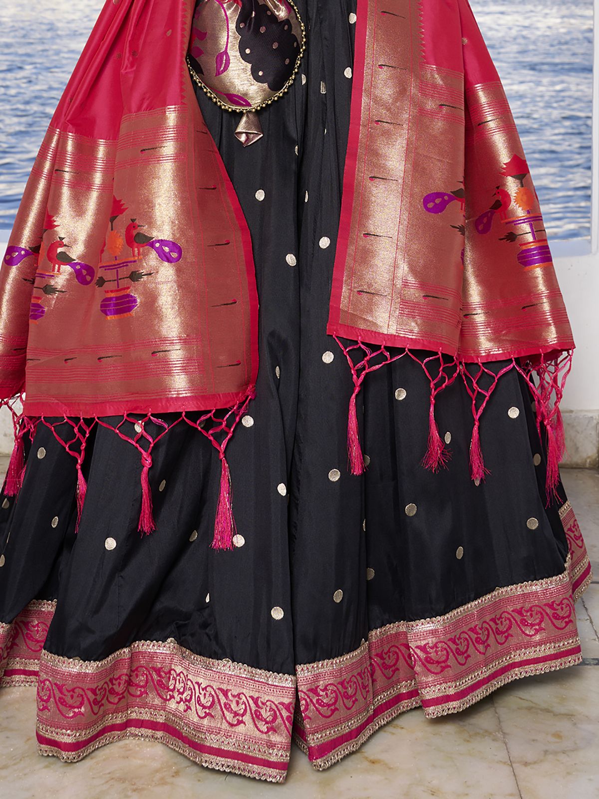 Black Jacquard Silk Paithani Lehenga Choli set with zari weaving, lace detailing, tassel dupatta, and matching batwa – traditional Maharashtrian festive wear