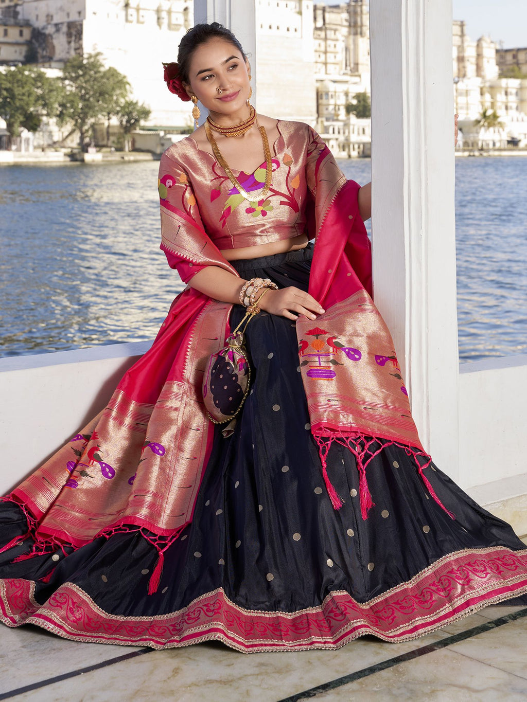 Black Jacquard Silk Paithani Lehenga Choli set with zari weaving, lace detailing, tassel dupatta, and matching batwa – traditional Maharashtrian festive wear