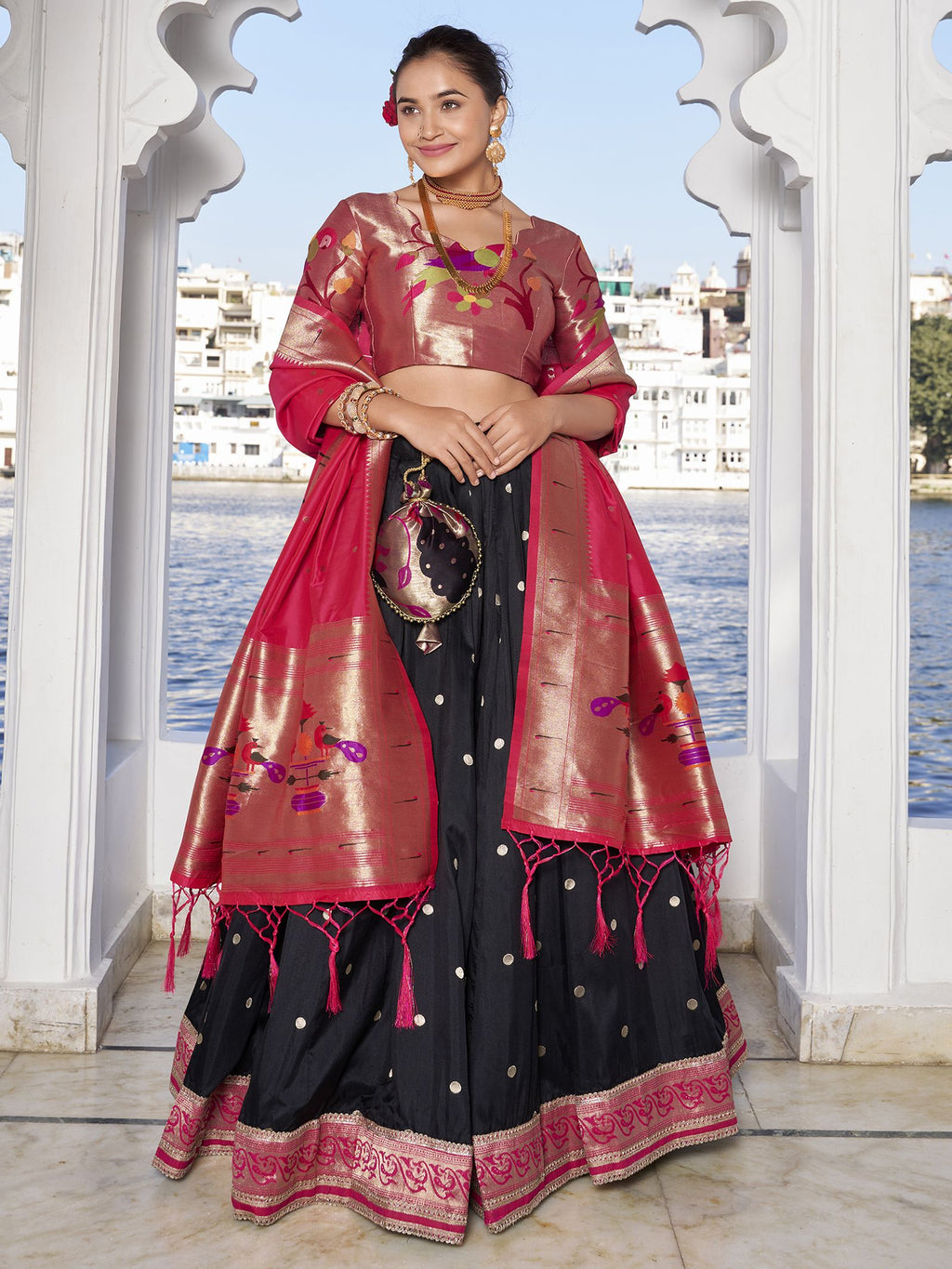 Black Jacquard Silk Paithani Lehenga Choli set with zari weaving, lace detailing, tassel dupatta, and matching batwa – traditional Maharashtrian festive wear