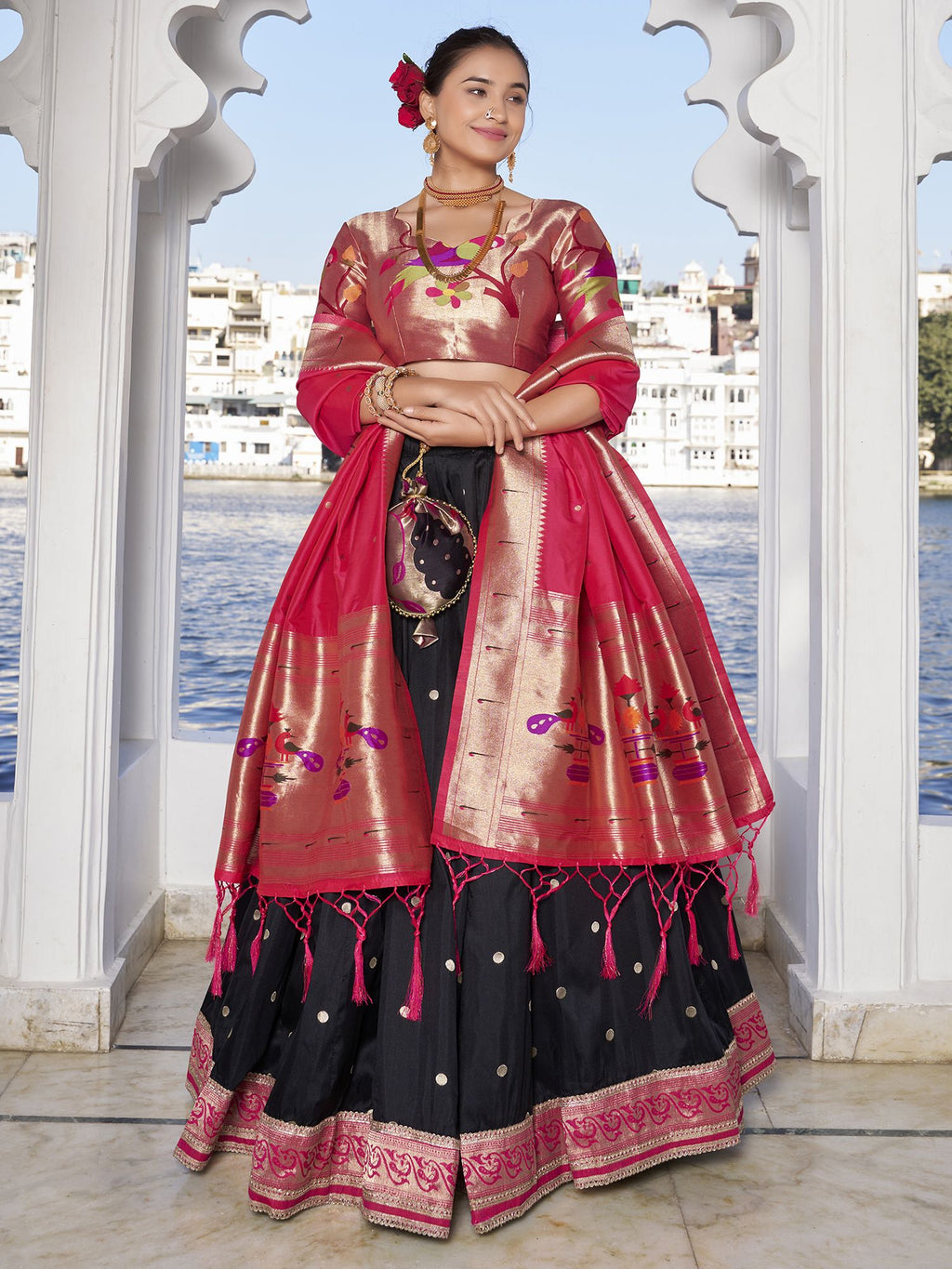 Black Jacquard Silk Paithani Lehenga Choli set with zari weaving, lace detailing, tassel dupatta, and matching batwa – traditional Maharashtrian festive wear