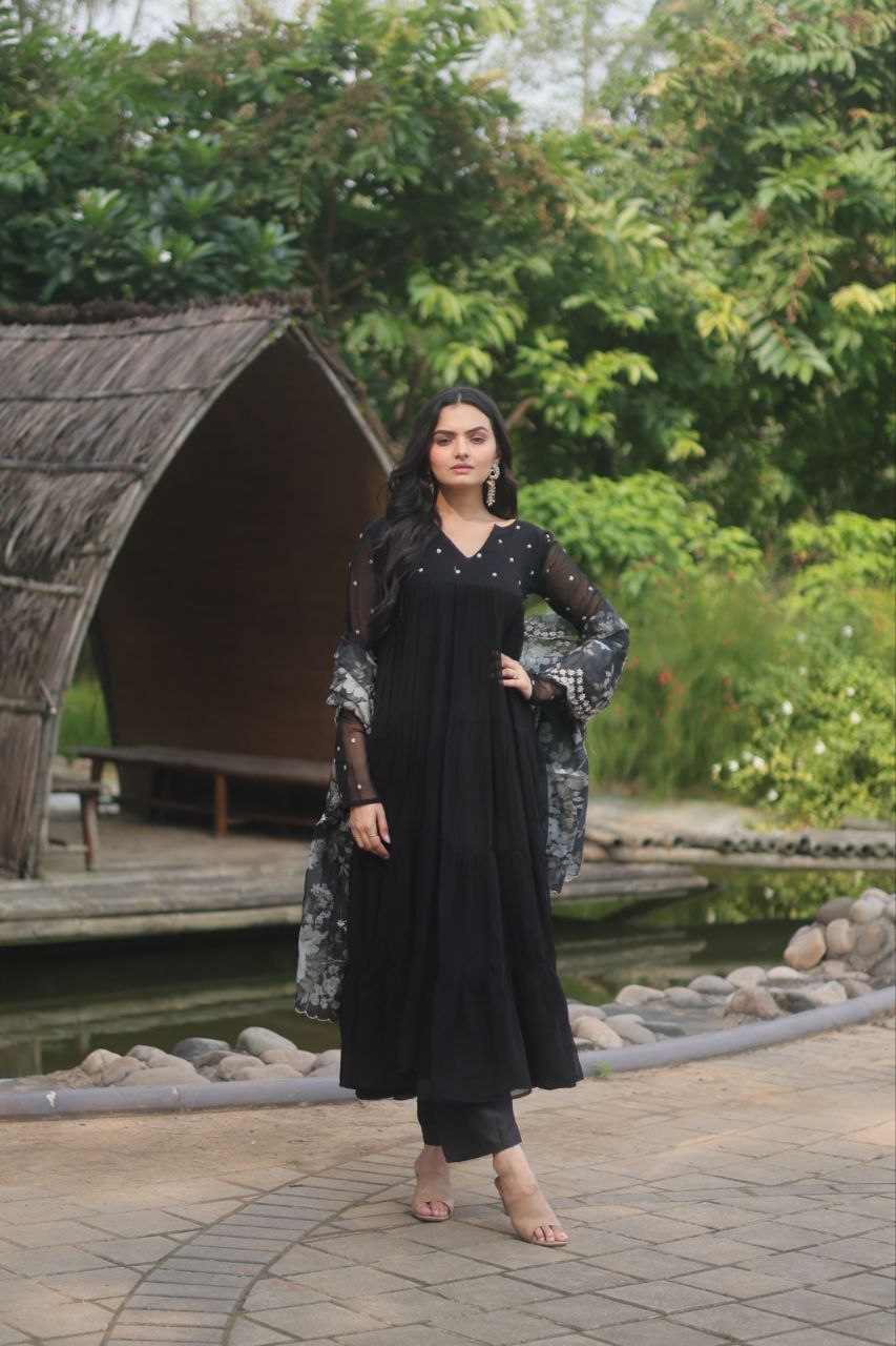 Chhaya Faux Blooming Black Anarkali Suit Set