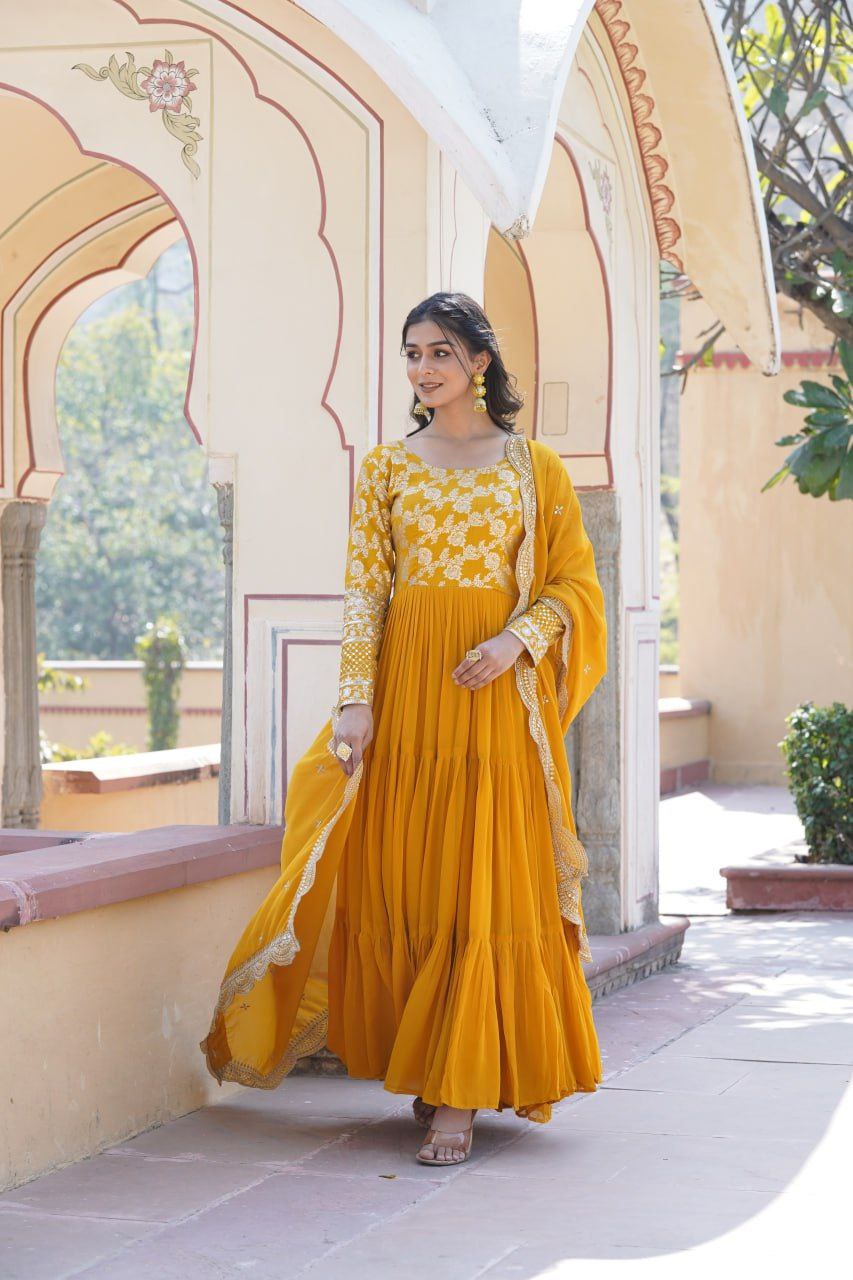 Bhadra Georgette Yellow Anarkali Gown Suit Set