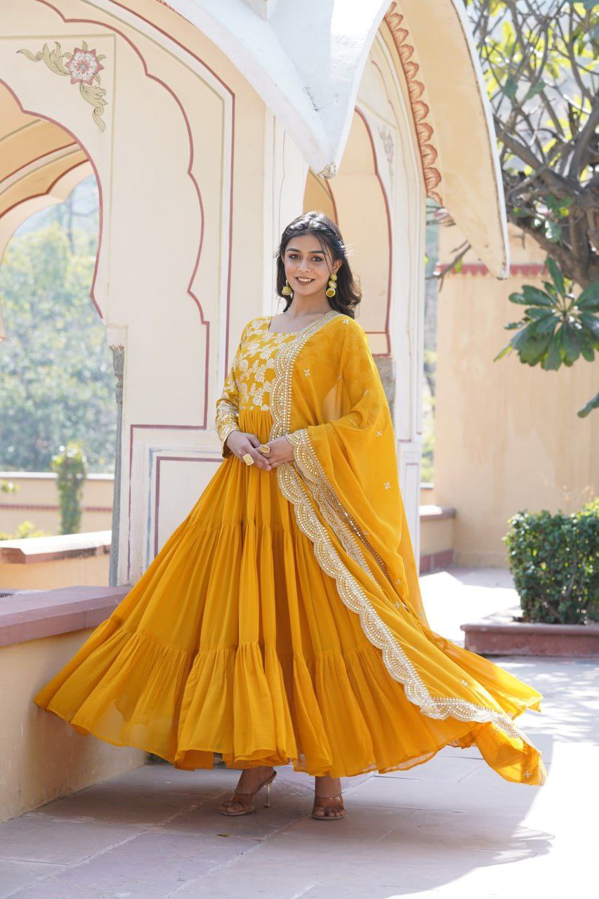 Bhadra Georgette Yellow Anarkali Gown Suit Set