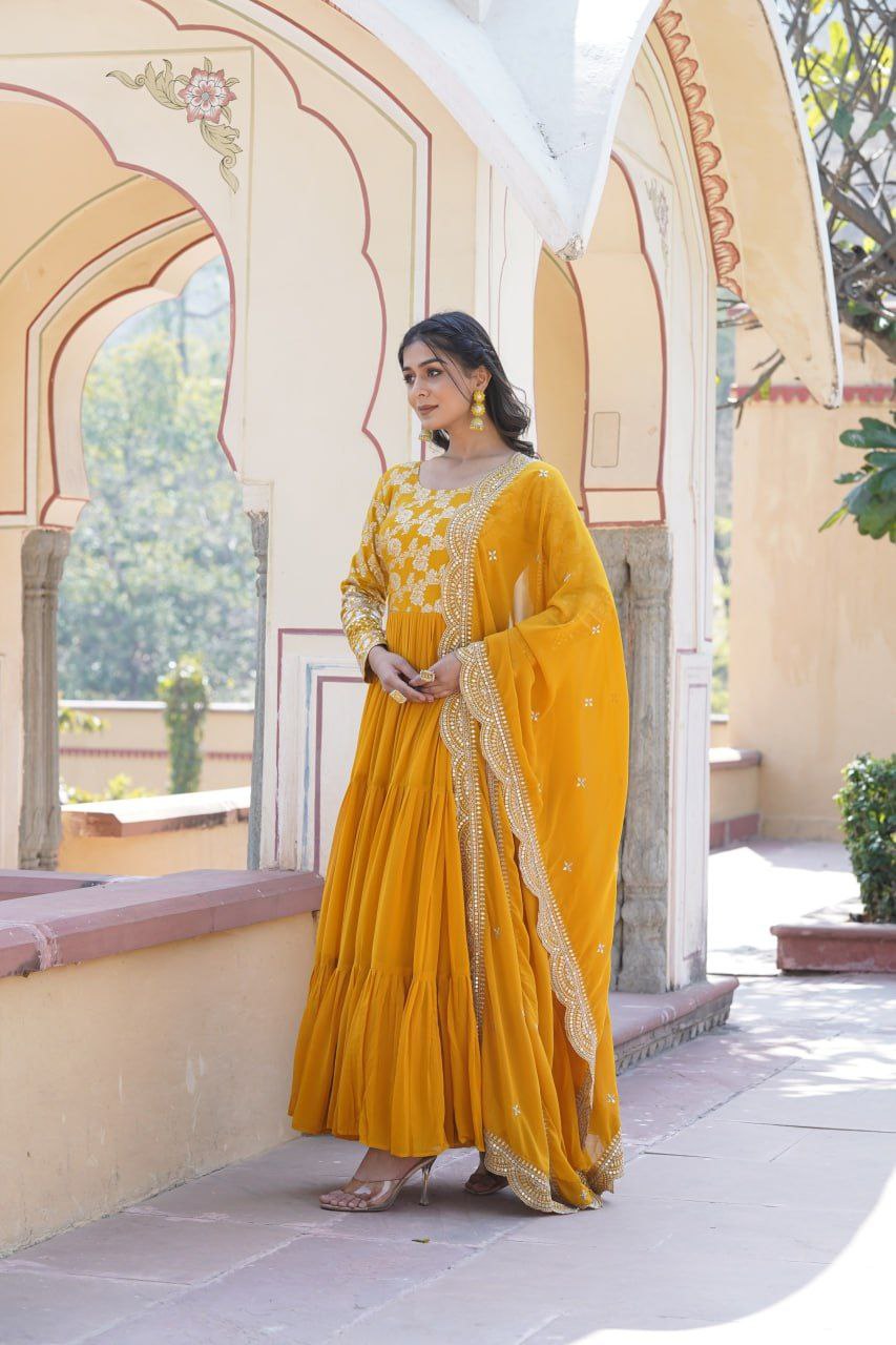 Bhadra Georgette Yellow Anarkali Gown Suit Set