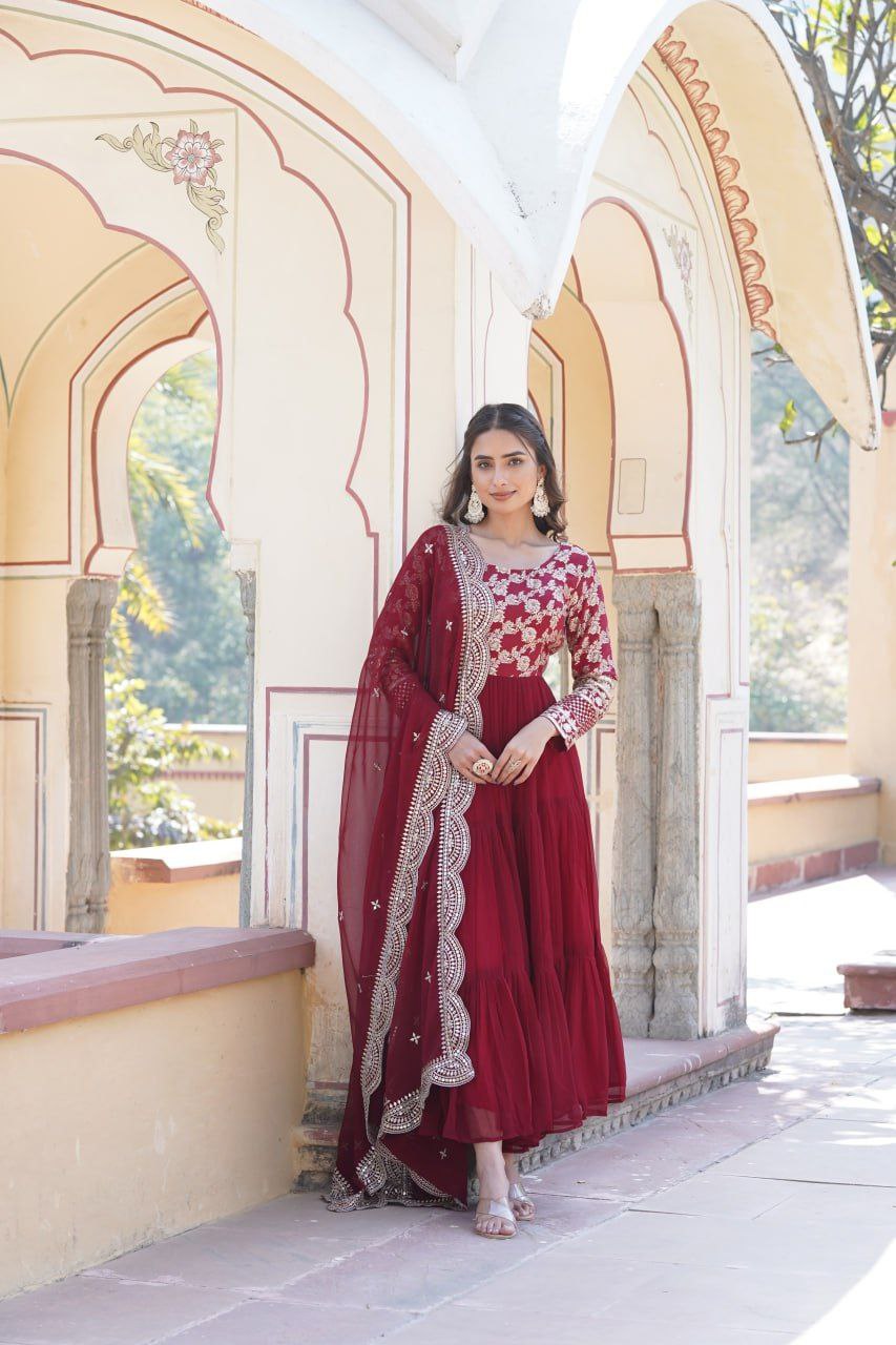 Bhadra Georgette Maroon Anarkali Gown Suit Set