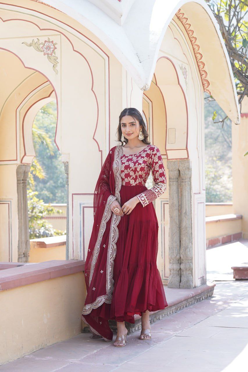 Bhadra Georgette Maroon Anarkali Gown Suit Set