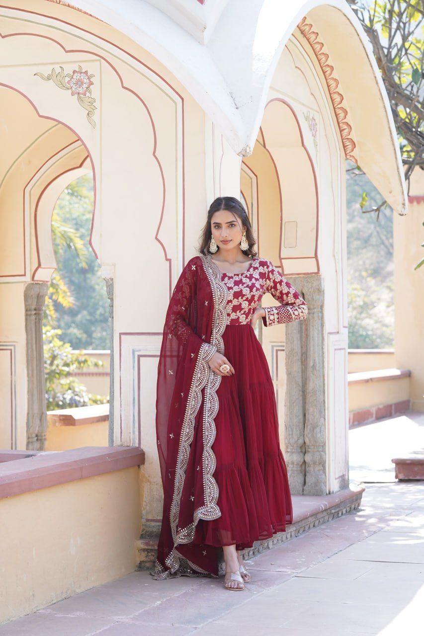 Blossom Brilliance Sequined Maroon Anarkali Gown Set