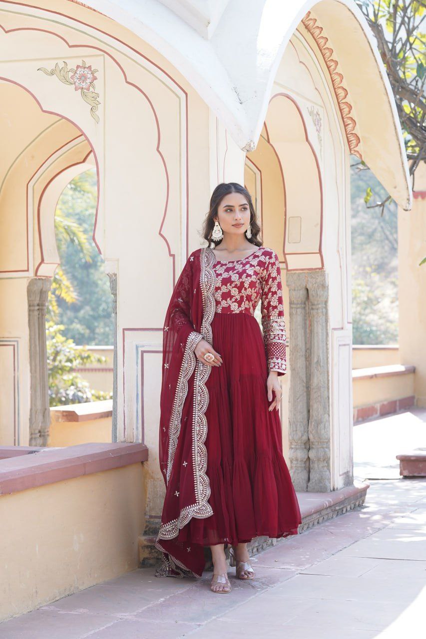 Bhadra Georgette Maroon Anarkali Gown Suit Set