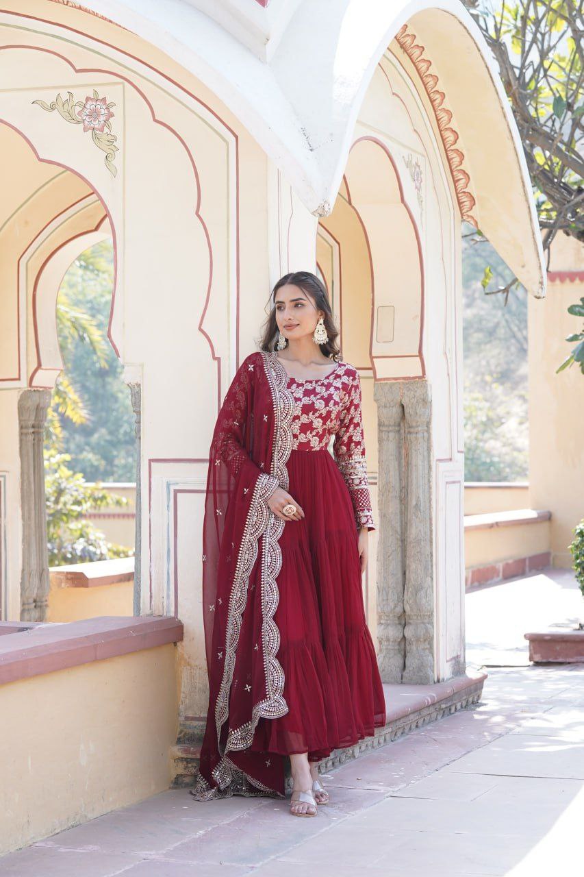 Bhadra Georgette Maroon Anarkali Gown Suit Set