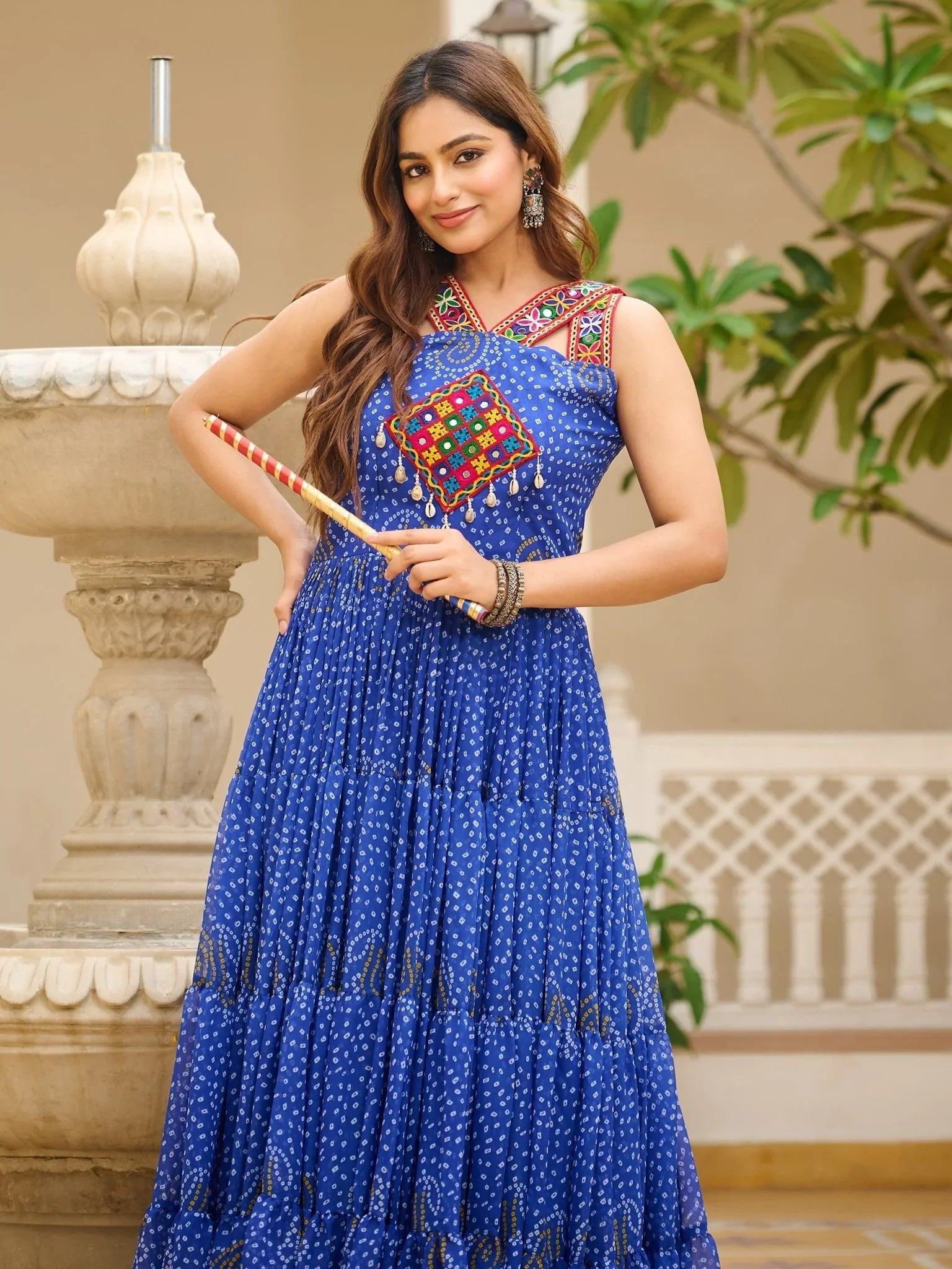 Blue Georgette Bandhani Print Mirror Gamthi Work Gown
