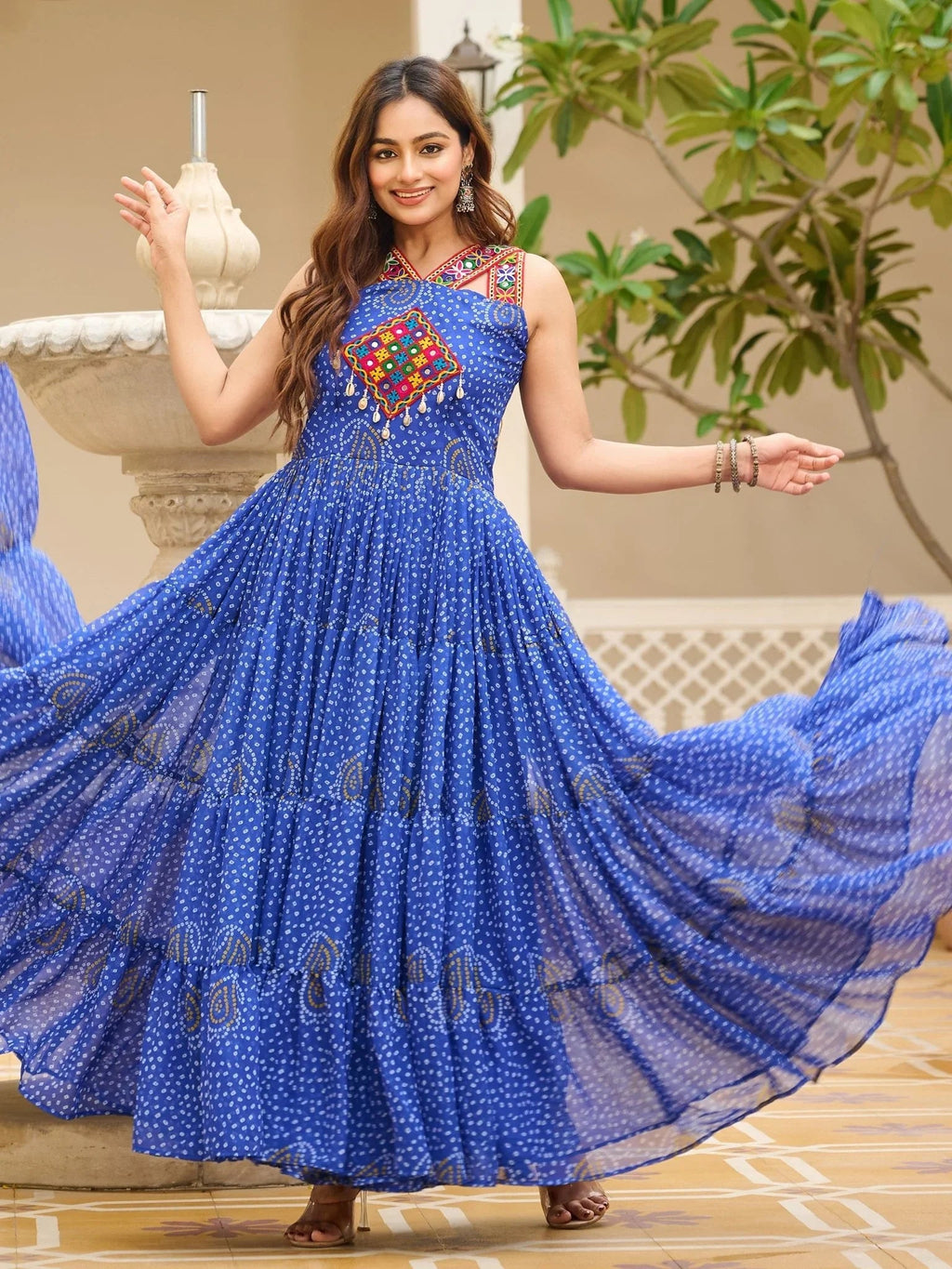 Blue Georgette Bandhani Print Mirror Gamthi Work Gown