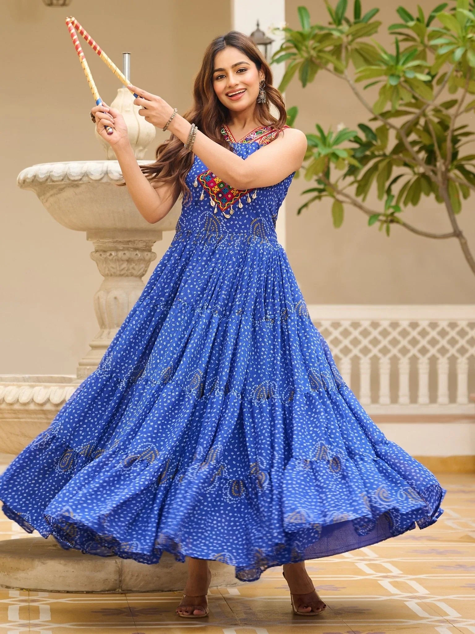 Blue Georgette Bandhani Print Mirror Gamthi Work Gown