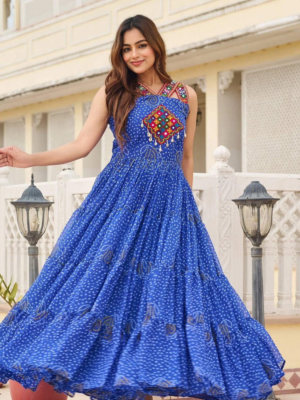 Blue Georgette Bandhani Print Mirror Gamthi Work Gown