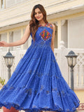 Blue Georgette Bandhani Print Mirror Gamthi Work Gown