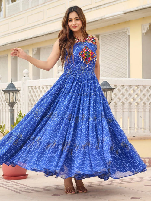 Blue Bandhani print gown with mirror and Gamthi embroidery