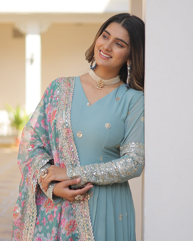 Hridaya sky blue georgette anarkali gown suit set