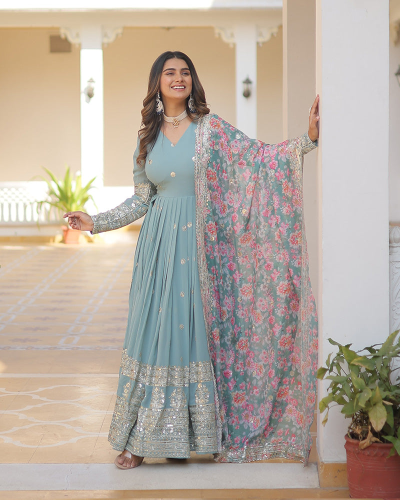 Hridaya sky blue georgette anarkali gown suit set