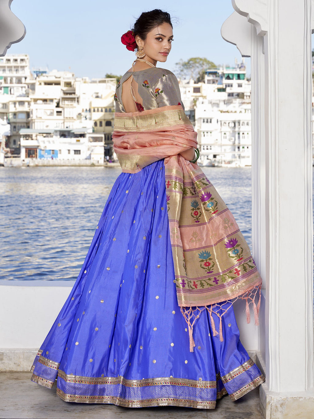 Blue Jacquard Silk Paithani Lehenga Choli with zari weaving, lace accents, tassel dupatta, and matching batwa – traditional Maharashtrian festive attire
