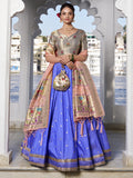 Blue Jacquard Silk Paithani Lehenga Choli with zari weaving, lace accents, tassel dupatta, and matching batwa – traditional Maharashtrian festive attire
