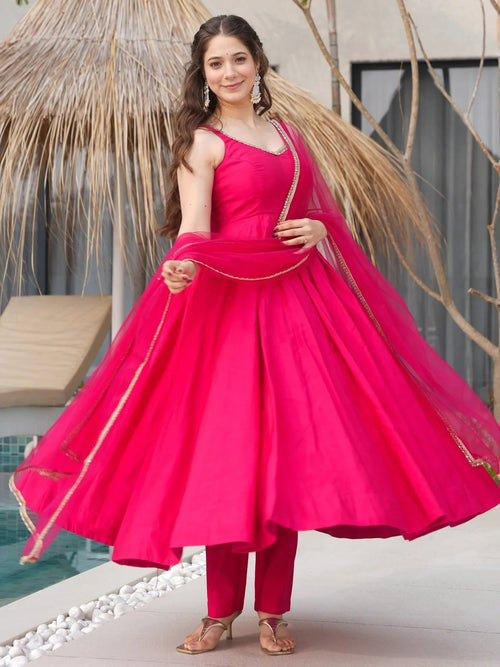 Bright pink Roman silk Chanderi mirror lace Anarkali suit with dupatta