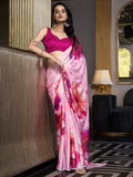 Bright Pink Satin Silk Printed Saree with Moonga Silk Blouse