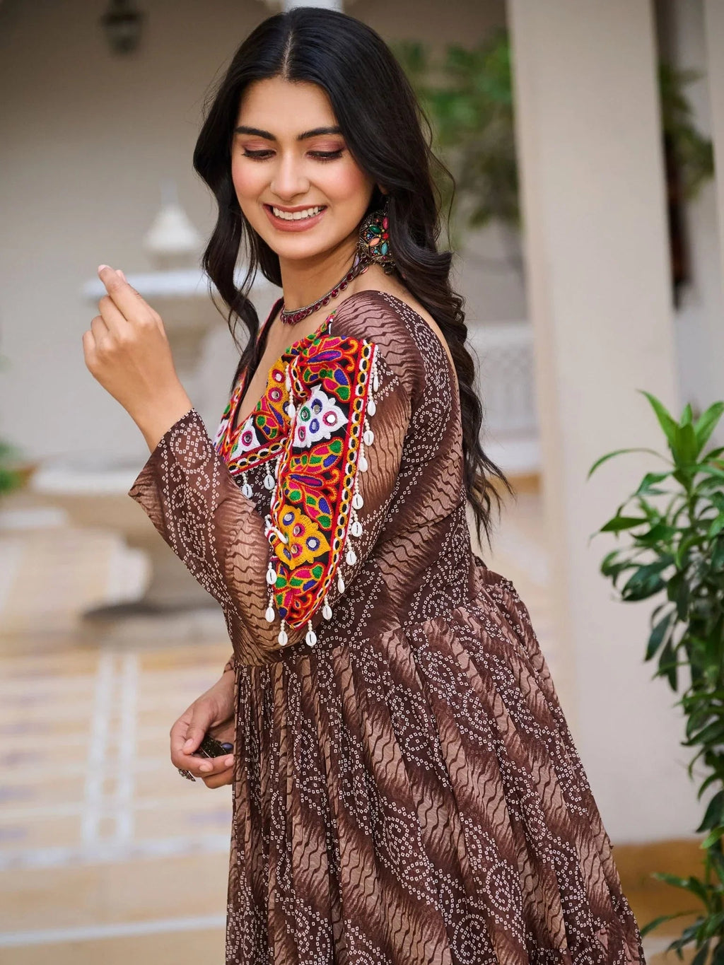 Brown Georgette Bandhani Print Mirror Gamthi Work Gown
