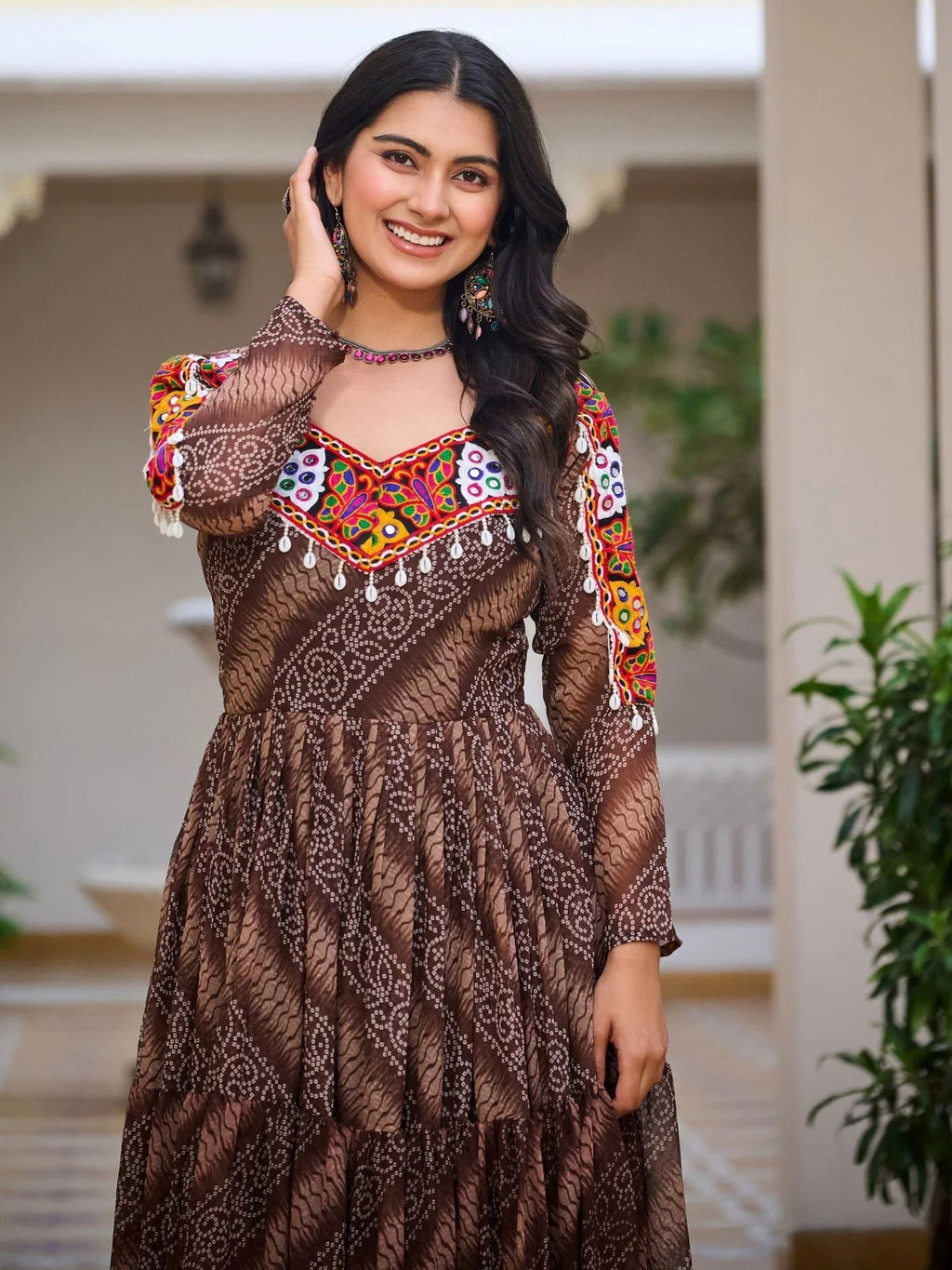 Brown Georgette Bandhani Print Mirror Gamthi Work Gown