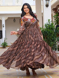 Brown Georgette Bandhani Print Mirror Gamthi Work Gown