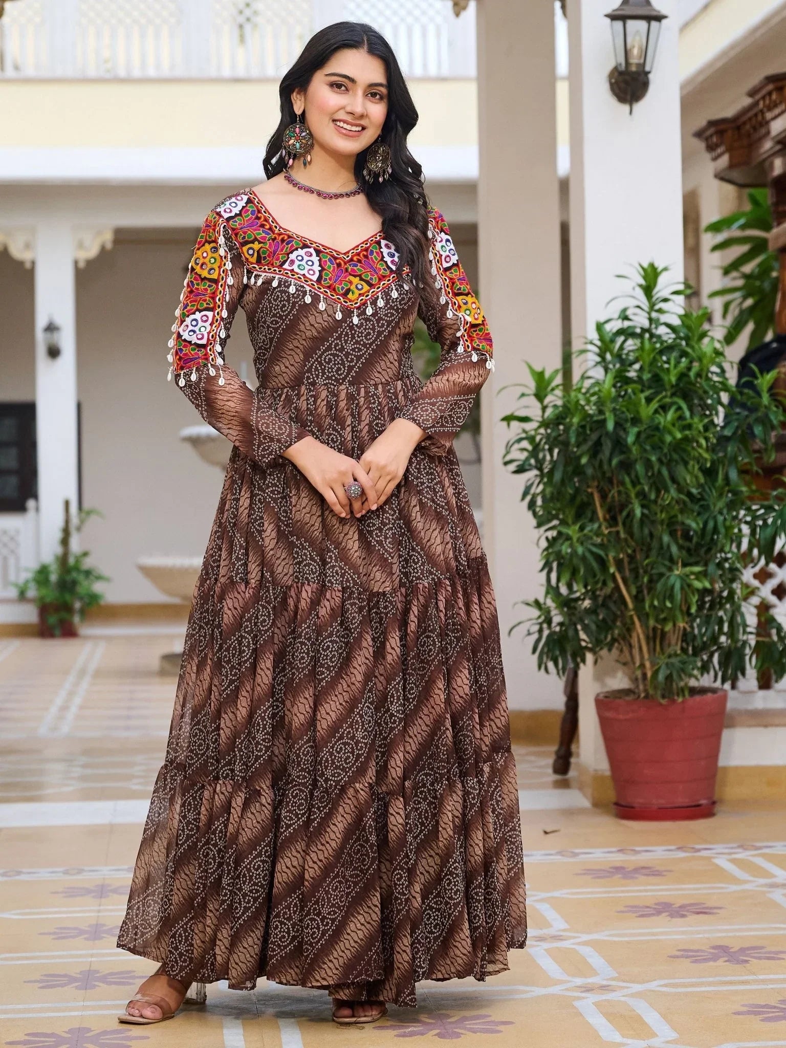 Brown Georgette Bandhani Print Mirror Gamthi Work Gown