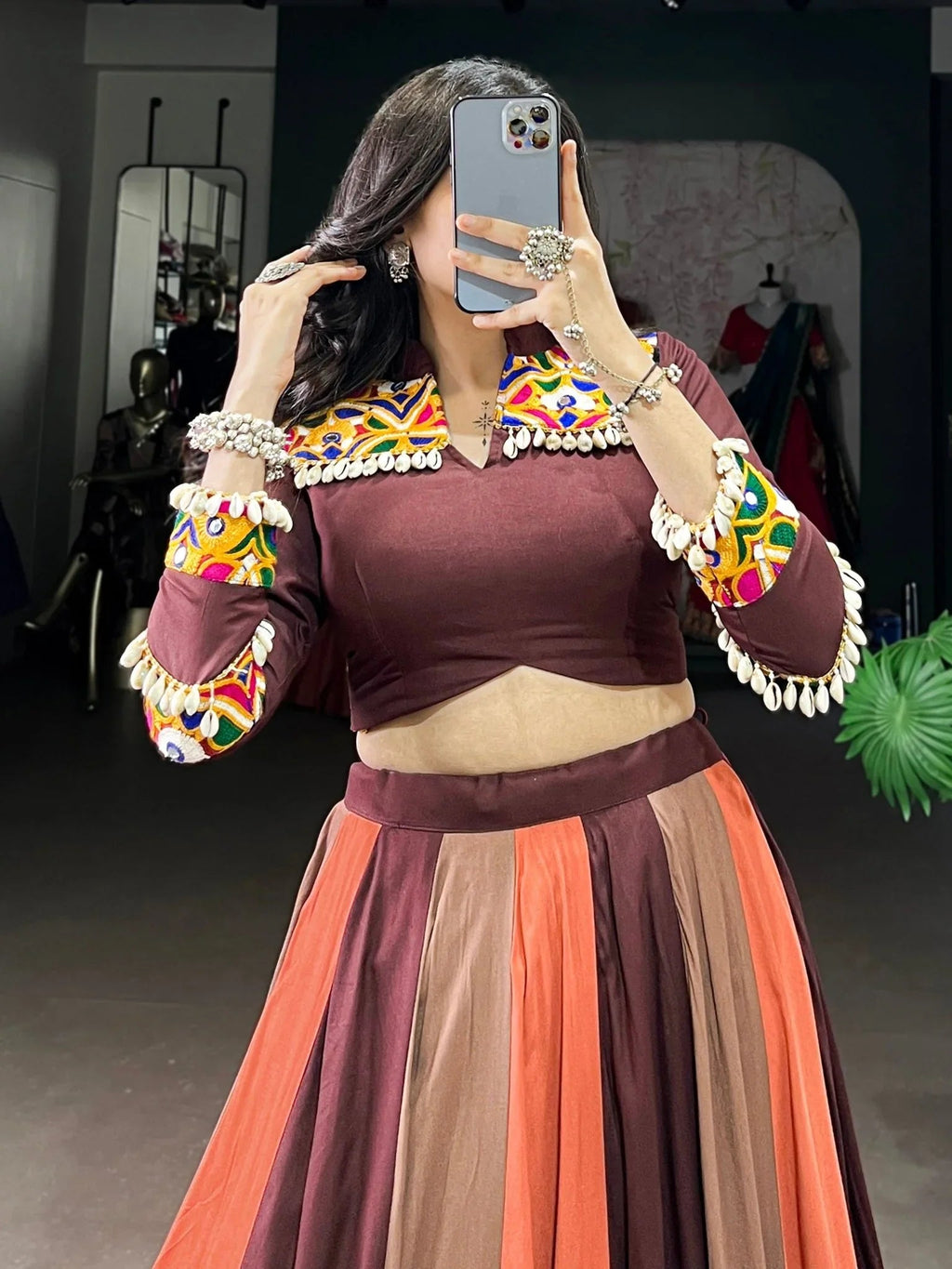 Brown Rayon Mirror Gamthi Lace Work Navratri Wear Lehenga Choli