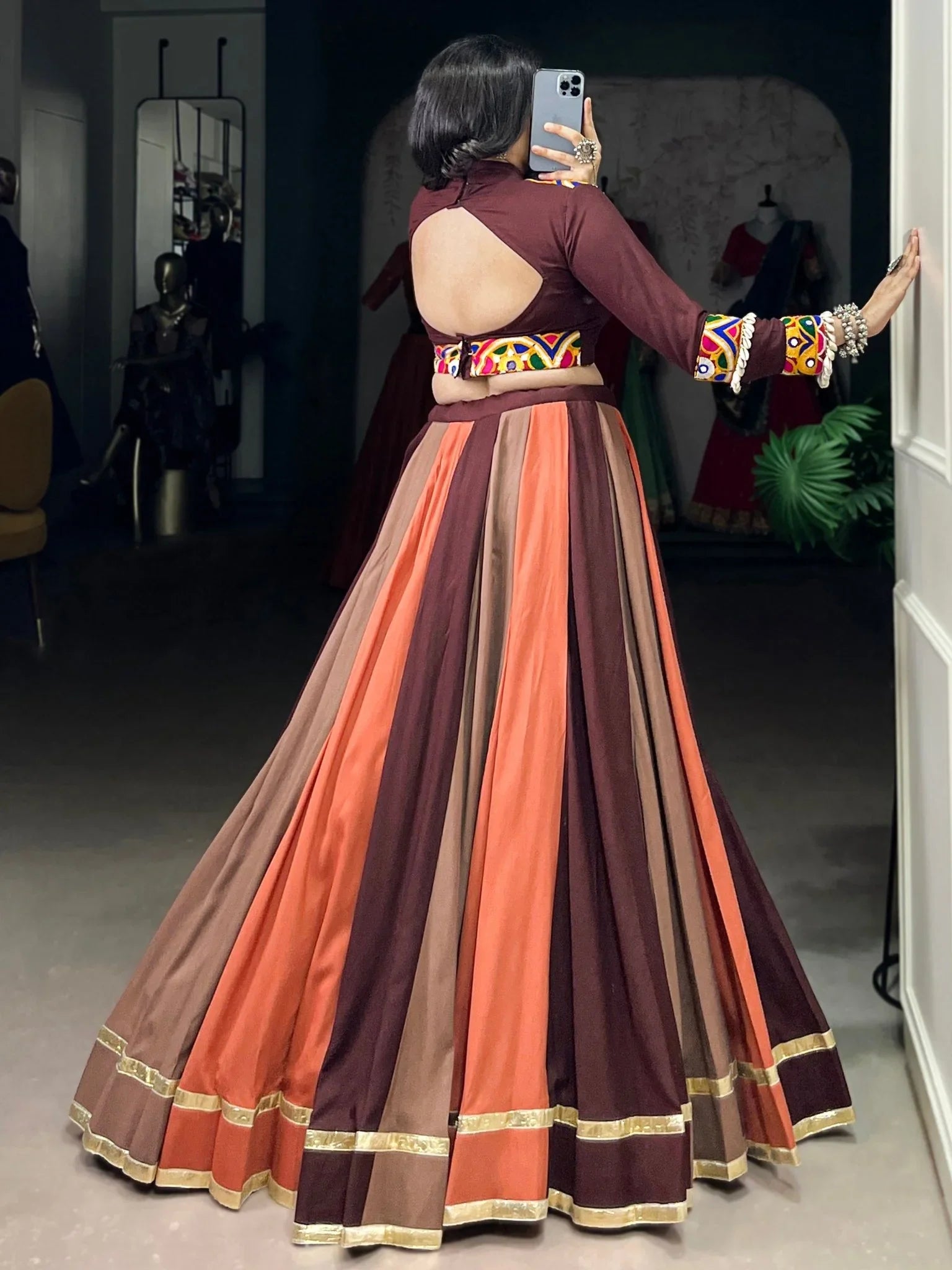 Brown Rayon Mirror Gamthi Lace Work Navratri Wear Lehenga Choli