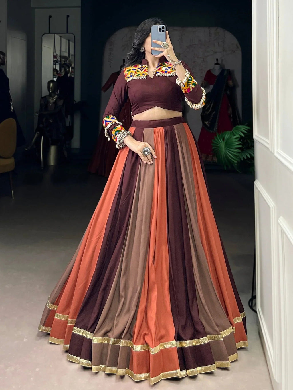 Brown Rayon Mirror Gamthi Lace Work Navratri Wear Lehenga Choli