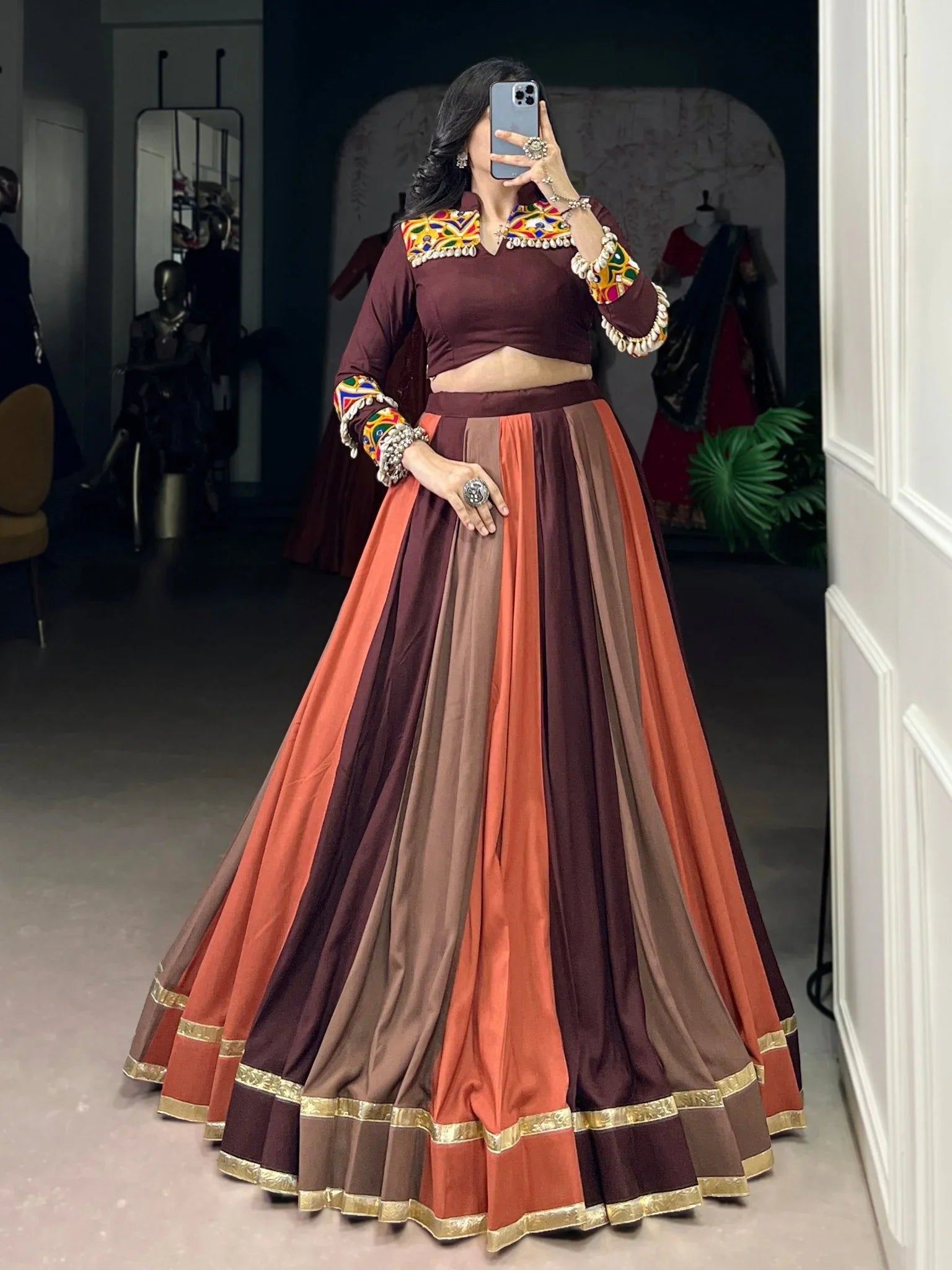 Brown Rayon Mirror Gamthi Lace Work Navratri Wear Lehenga Choli