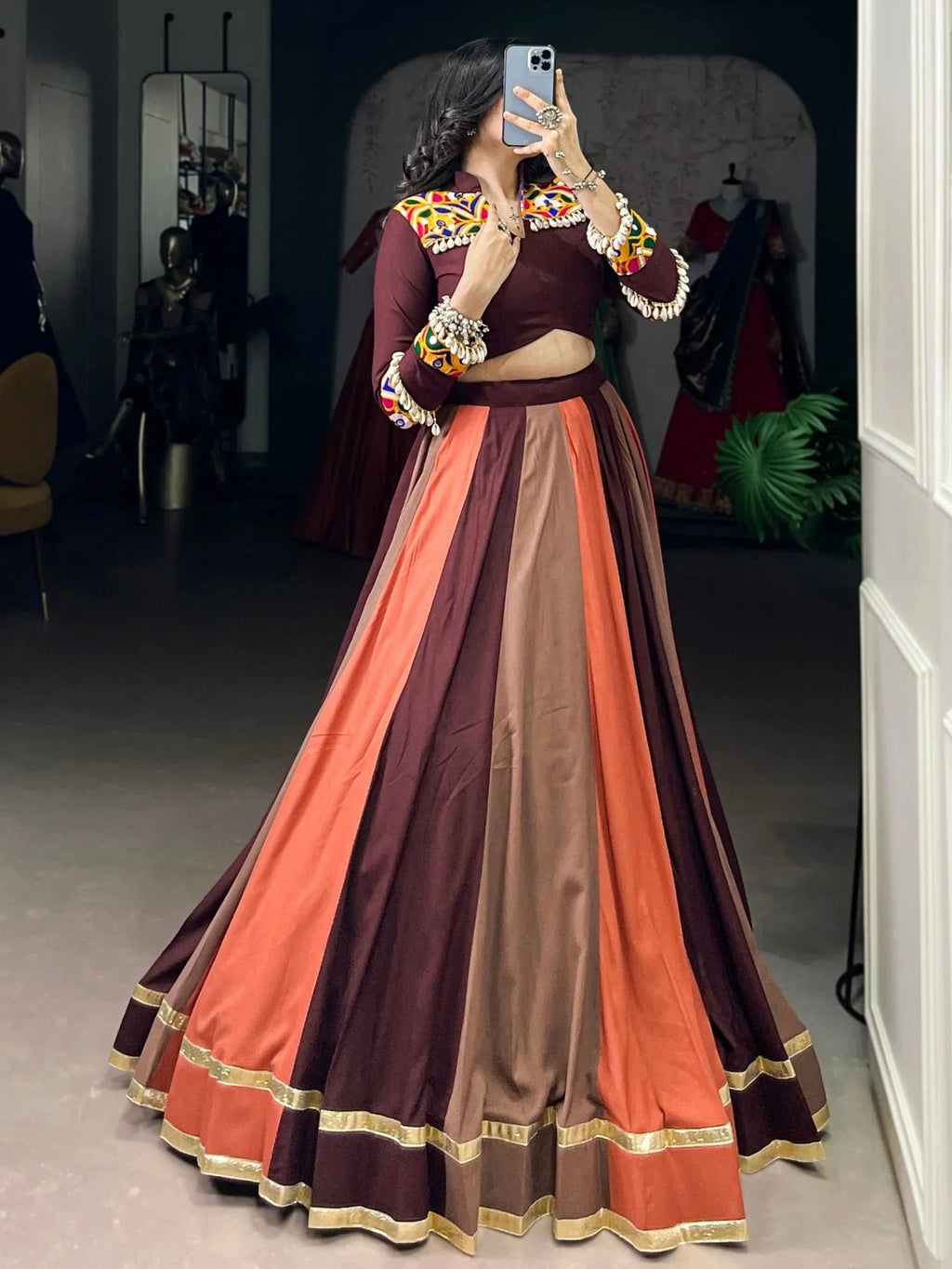 Brown Rayon Mirror Gamthi Lace Work Navratri Wear Lehenga Choli