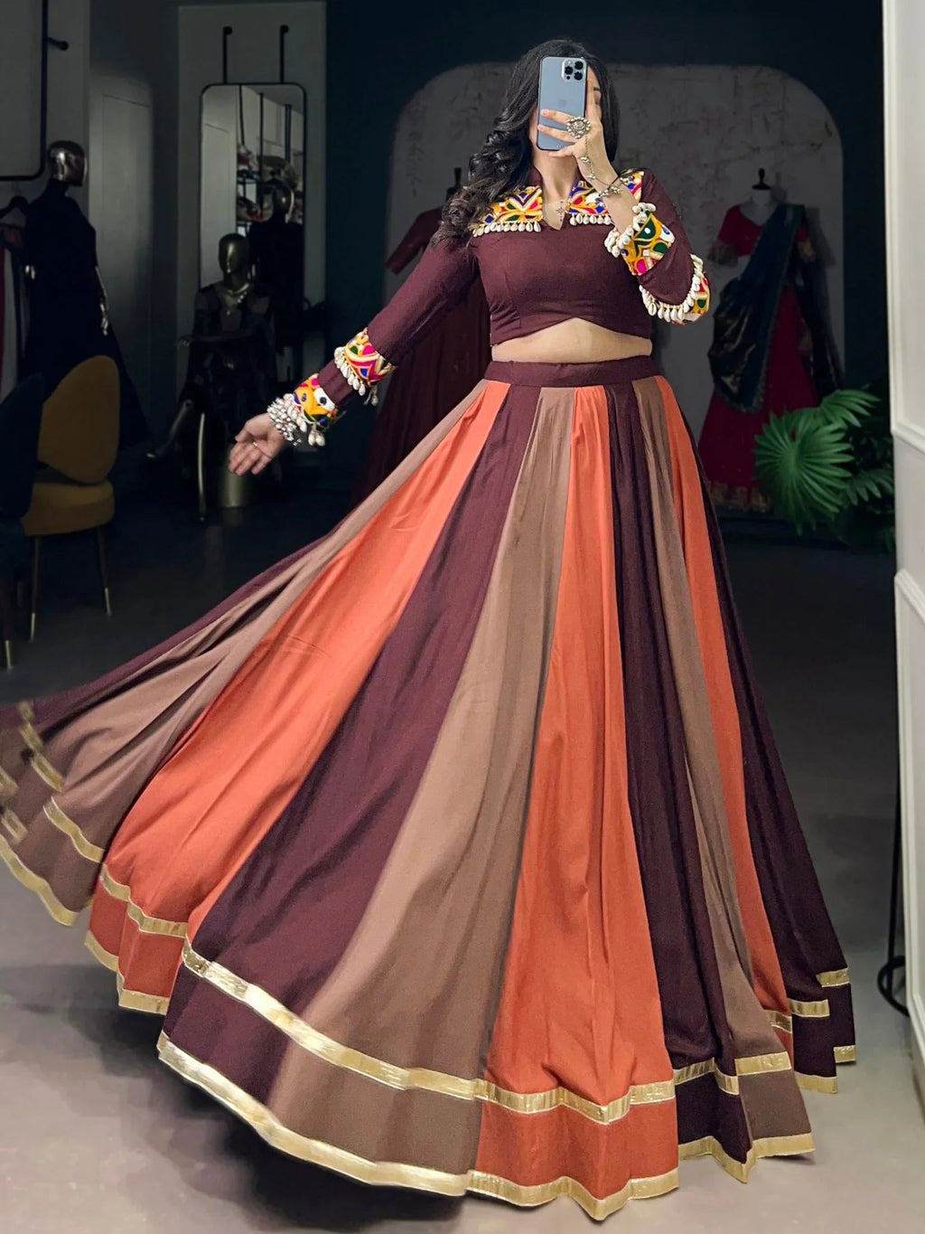 Brown Rayon Mirror Gamthi Lace Work Navratri Wear Lehenga Choli