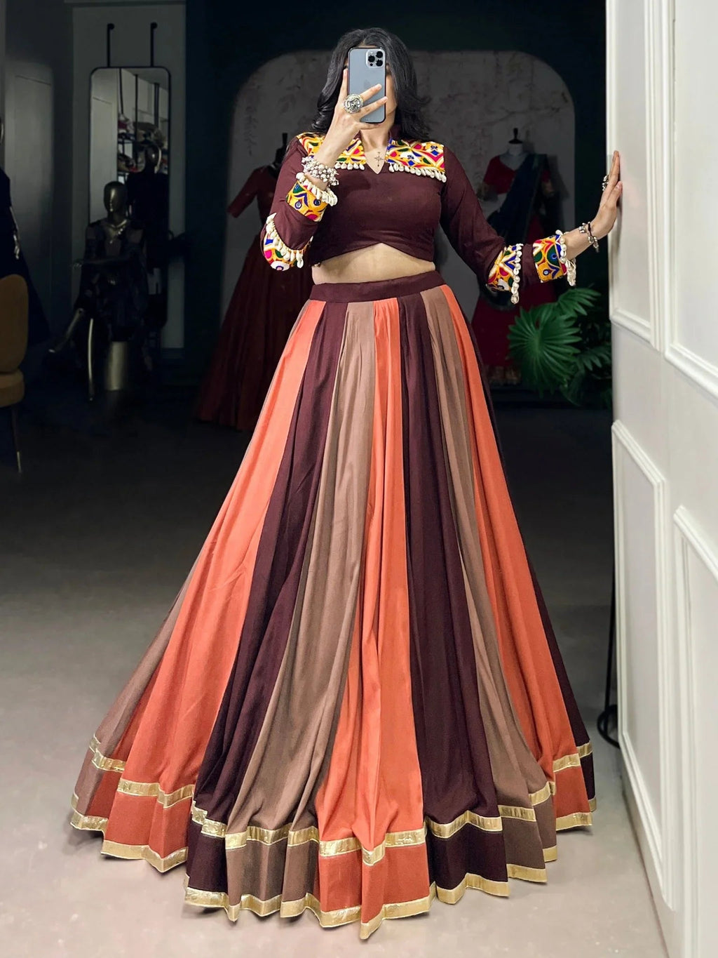 Brown Rayon Mirror Gamthi Lace Work Navratri Wear Lehenga Choli