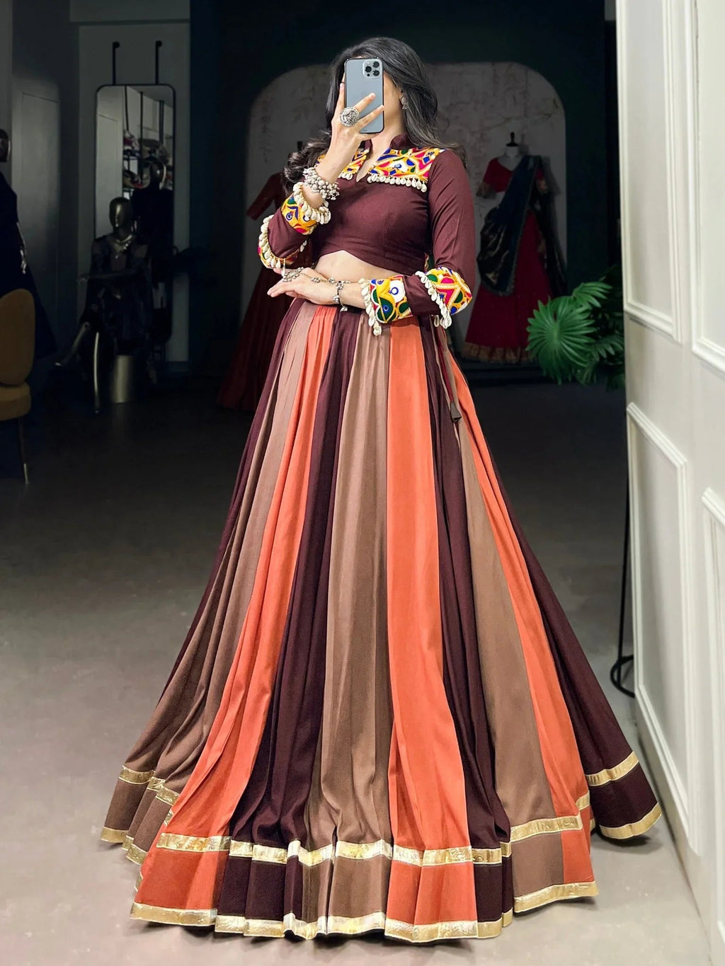 Brown Rayon Mirror Gamthi Lace Work Navratri Wear Lehenga Choli