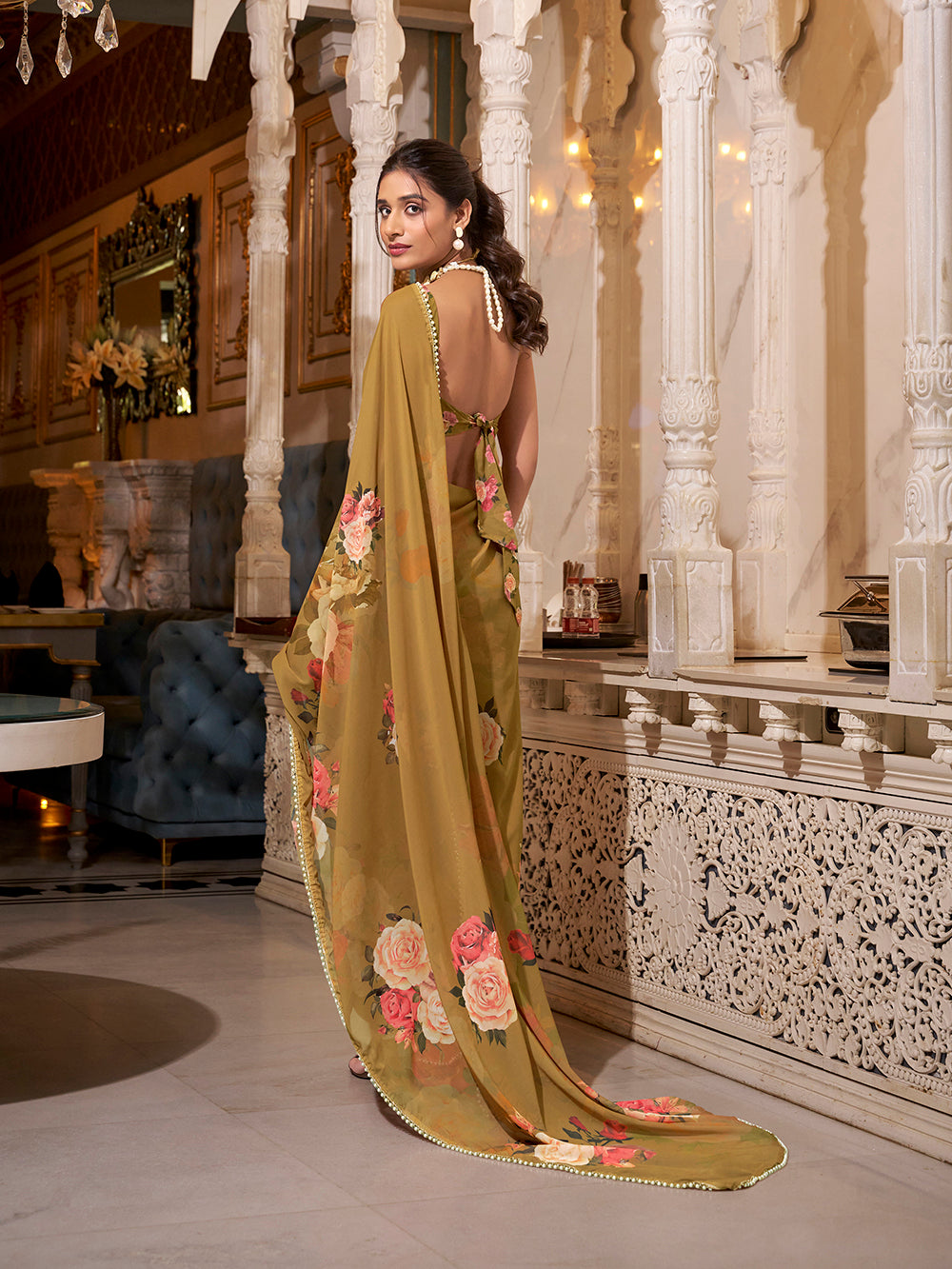 Brown Georgette Printed Saree with Pearl Lace Border Lightweight Ethnic Saree for Festive & Casual Wear