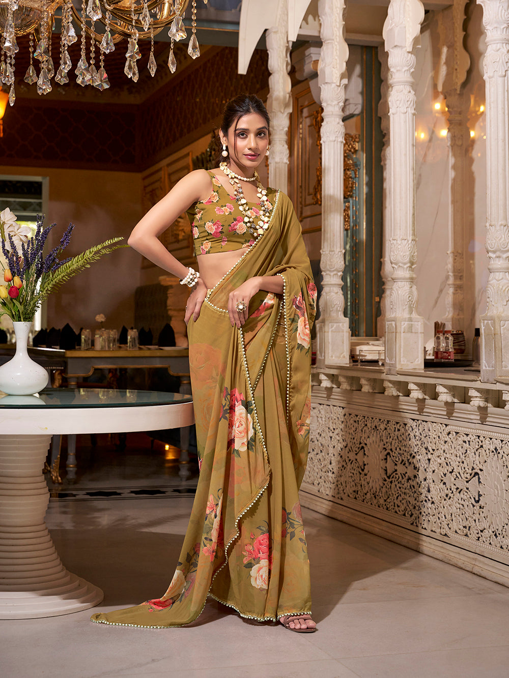Brown Georgette Printed Saree with Pearl Lace Border Lightweight Ethnic Saree for Festive & Casual Wear