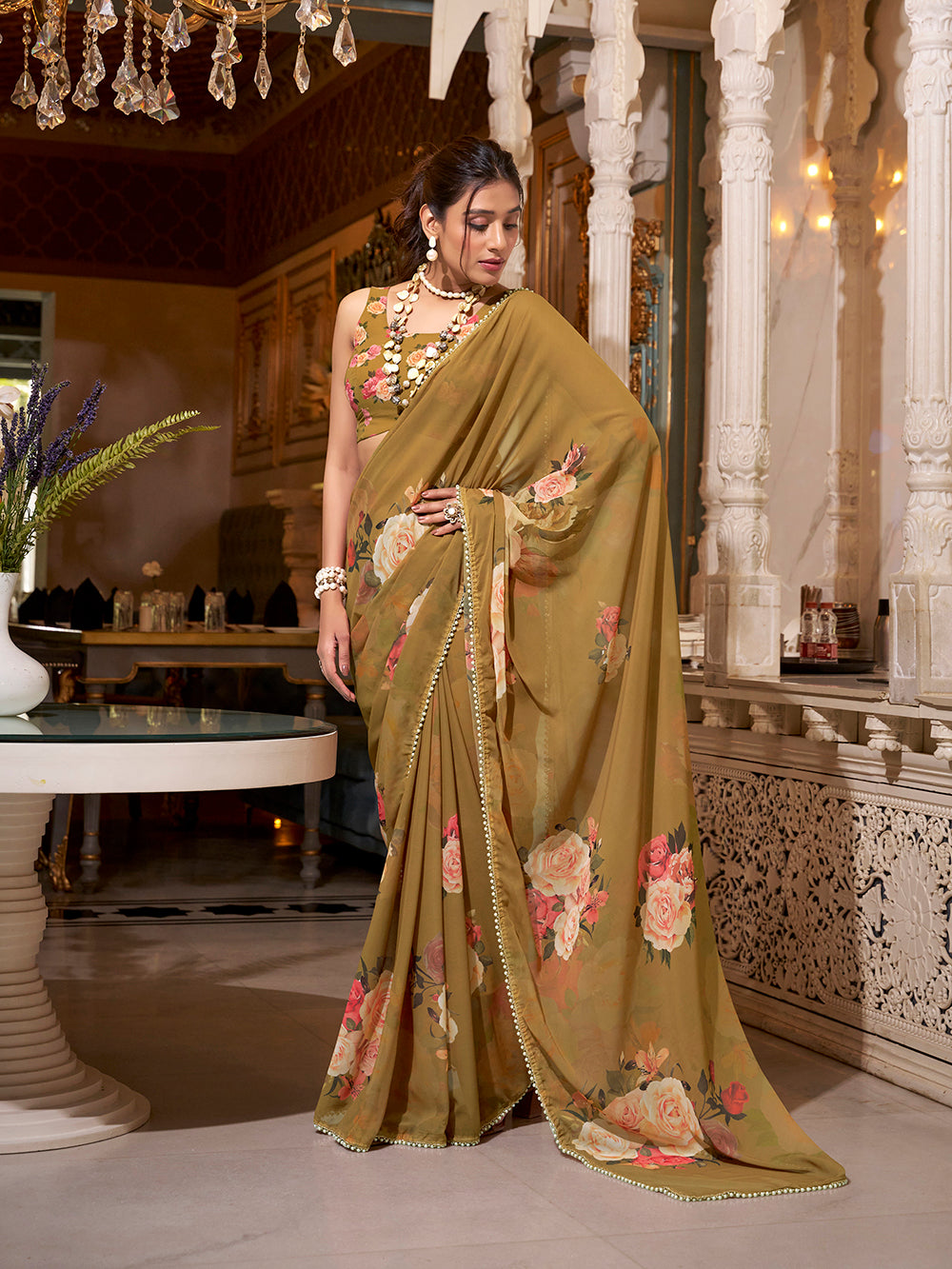 Brown Georgette Printed Saree with Pearl Lace Border Lightweight Ethnic Saree for Festive & Casual Wear