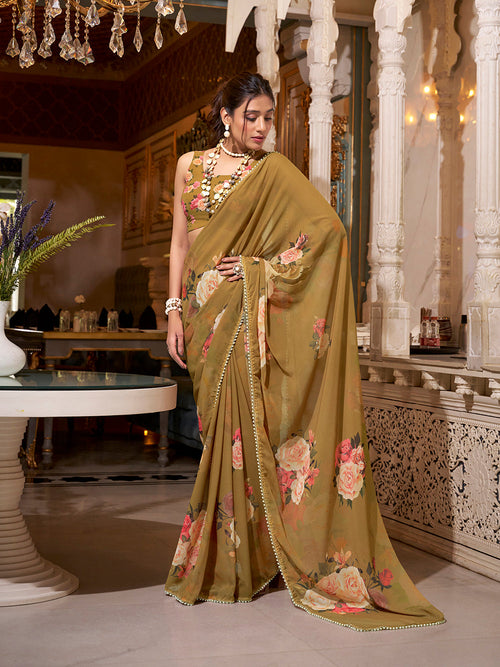 Brown georgette printed saree with pearl lace border