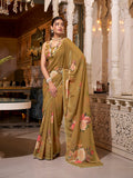 Brown Georgette Printed Saree with Pearl Lace Border Lightweight Ethnic Saree for Festive & Casual Wear