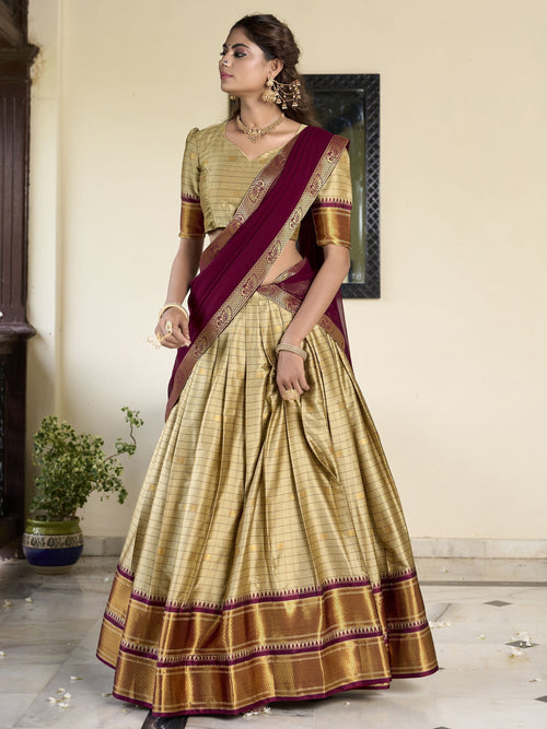 Brown cotton silk paithani weaving work lehenga choli with dupatta