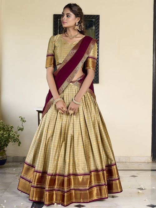 Brown cotton silk paithani weaving work lehenga choli with dupatta