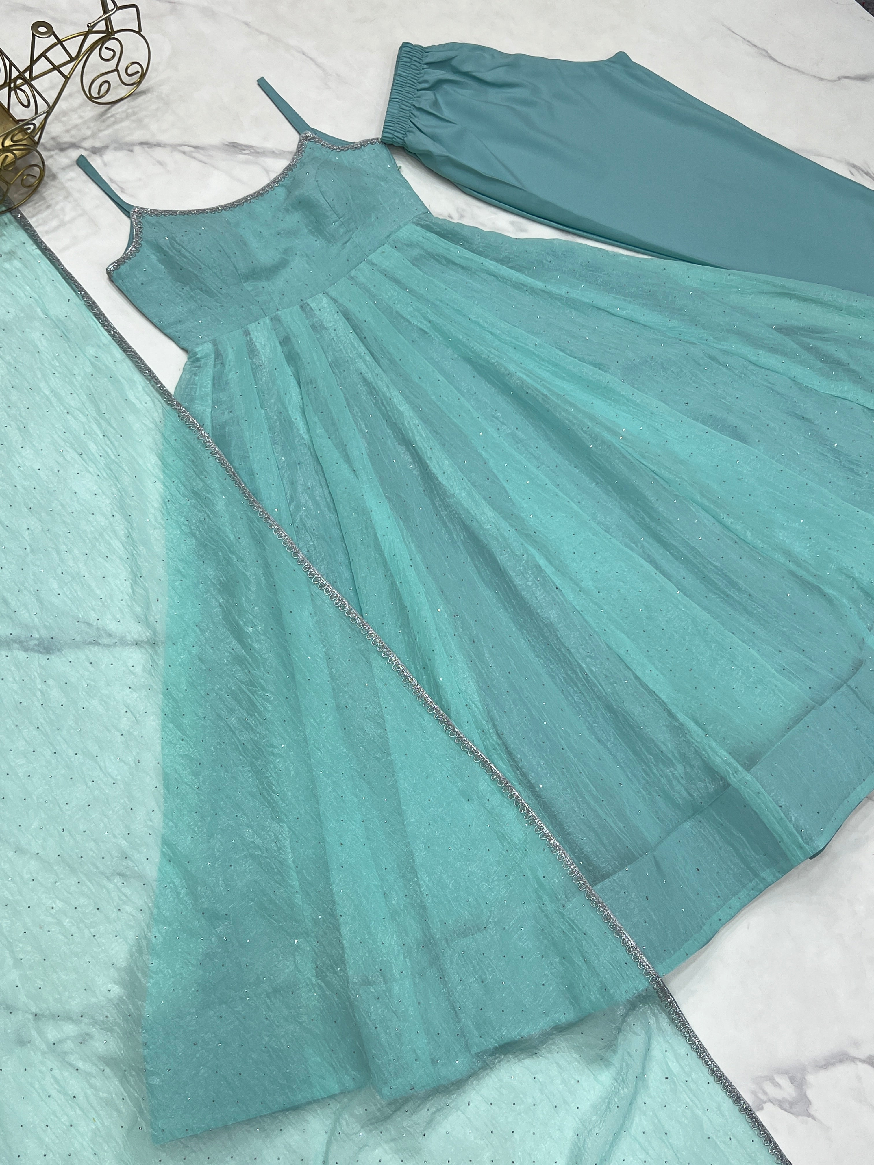 Pastel Aqua Blue Shimmer Anarkali Gown with Delicate Sparkle Detailing, Spaghetti Straps & Sheer Matching Dupatta