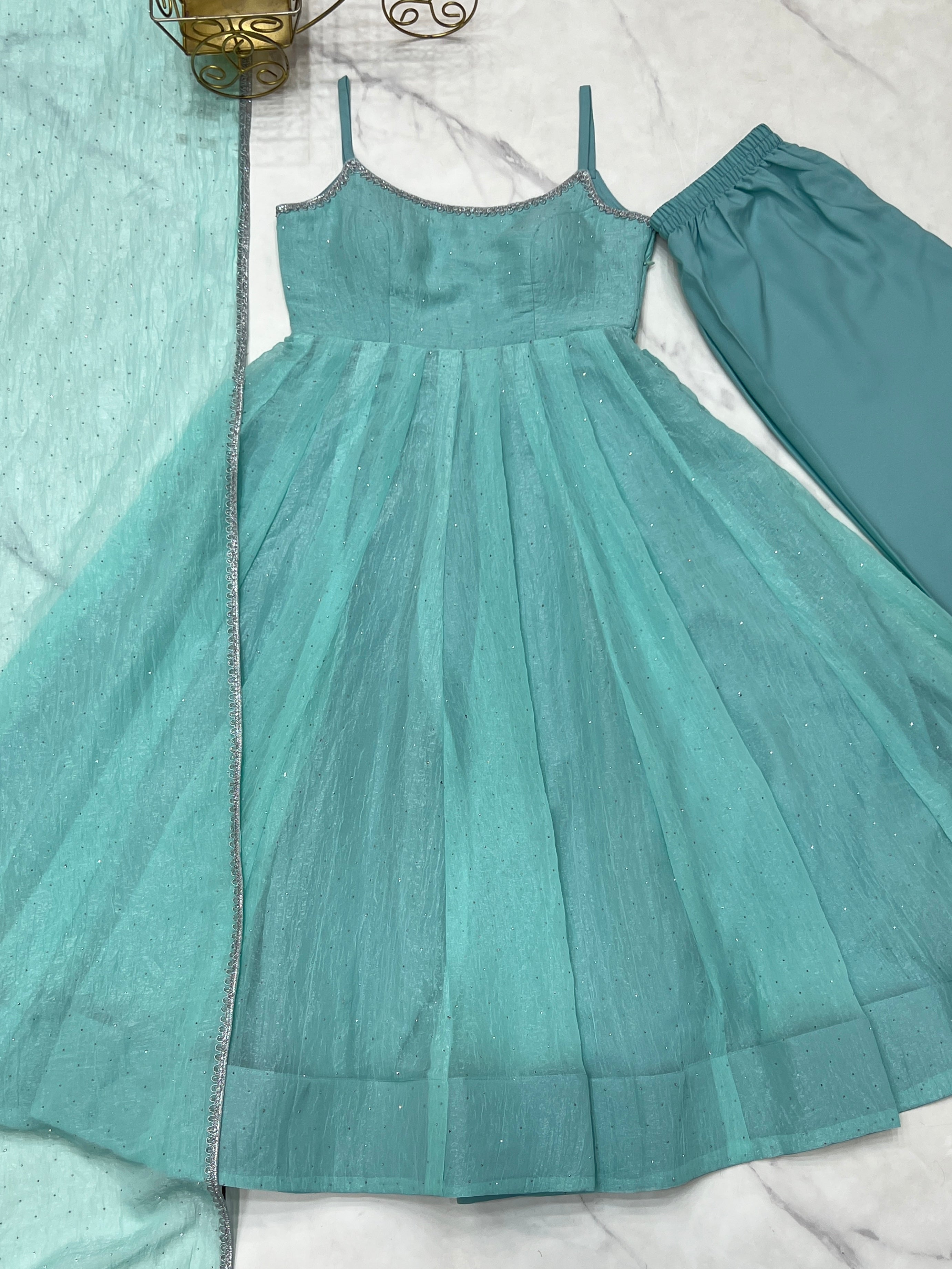 Pastel Aqua Blue Shimmer Anarkali Gown with Delicate Sparkle Detailing, Spaghetti Straps & Sheer Matching Dupatta